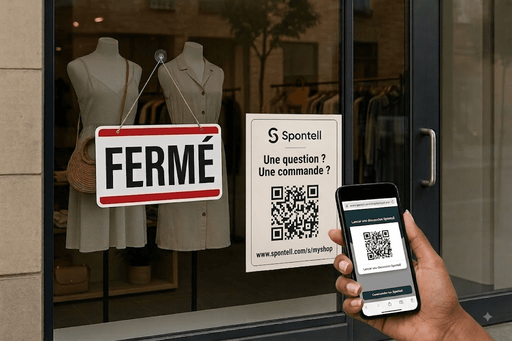 Vitrine de boutique fermée avec une affiche QR code Spontell scannée par un passant