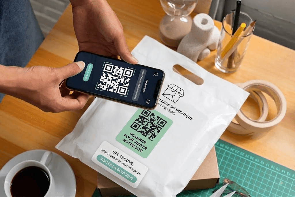 Client scannant avec son téléphone un QR code collé sur un sac d'emballage de boutique