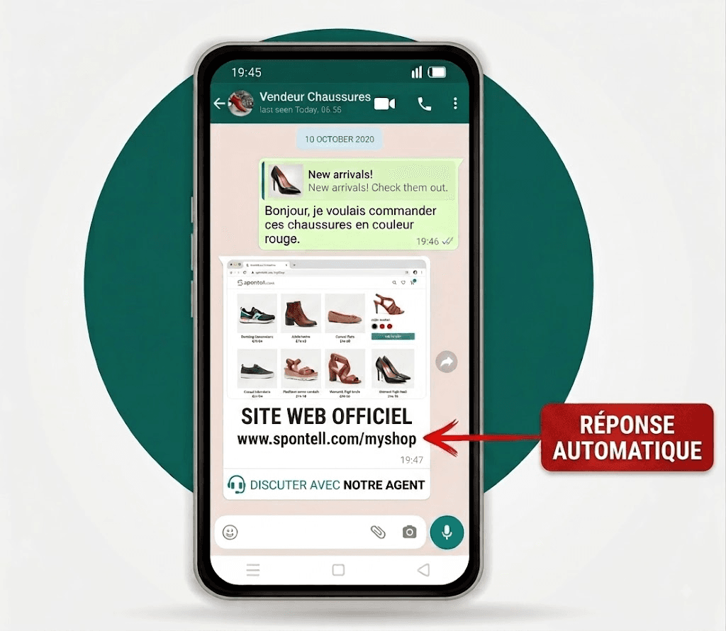 Conversation WhatsApp d'un vendeur de chaussures avec une réponse automatique contenant le lien de sa boutique Spontell